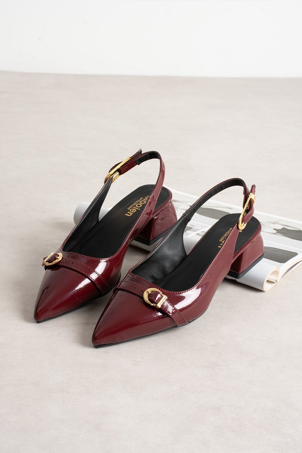 - 5cm Short Heeled Shoes with Two Buckles, Patent Leather, Burgundy