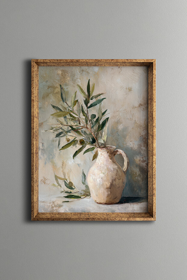 Rustic Vase and Olive Branch – Vintage Patterned Frame – Slim Model