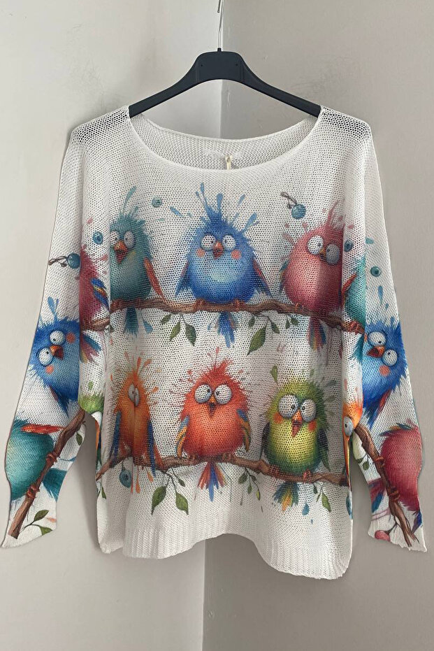 Women's Italian White Foil Patterned Bat Sleeve Mercerized Blouse Sweater
