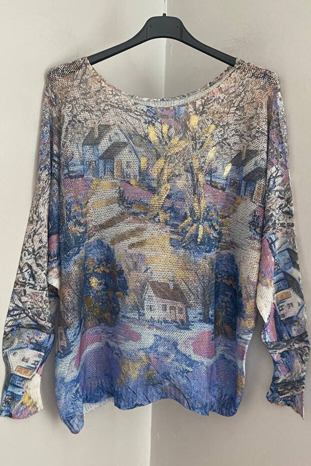 Women's Italian Blue Foil Patterned Bat Sleeve Mercerized Blouse Sweater