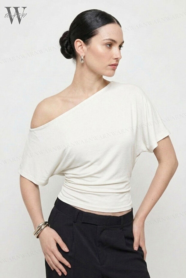 Women's Bat Model Boat Neck One-Shoulder Wide-Sleeve Fitted Waist Blouse