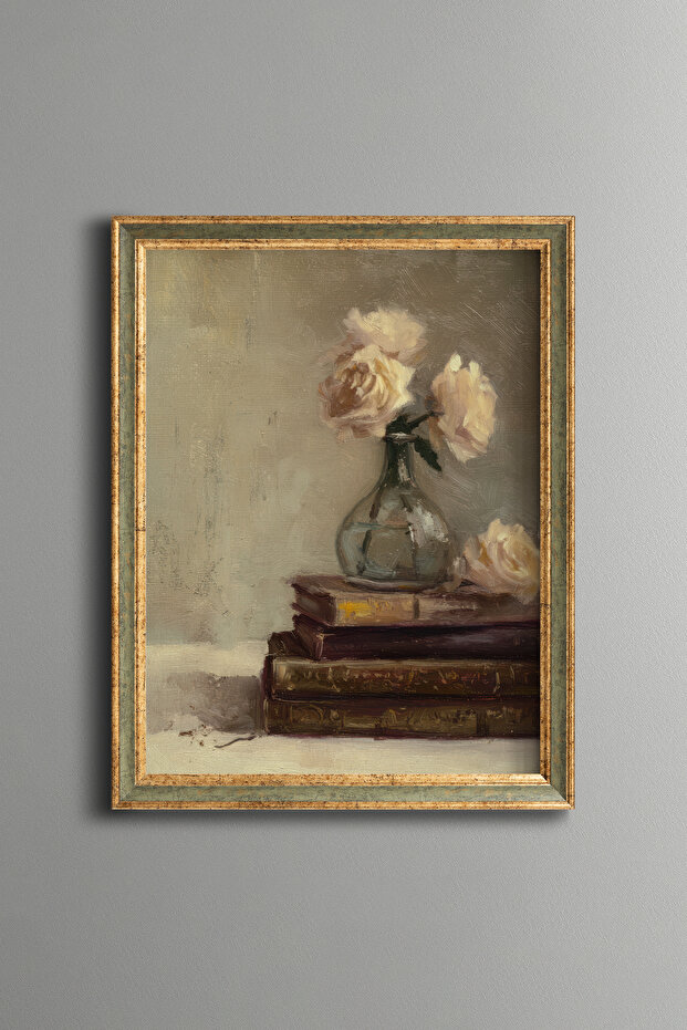 Roses in a Vase on Books – Vintage Patterned Frame – Thin Model
