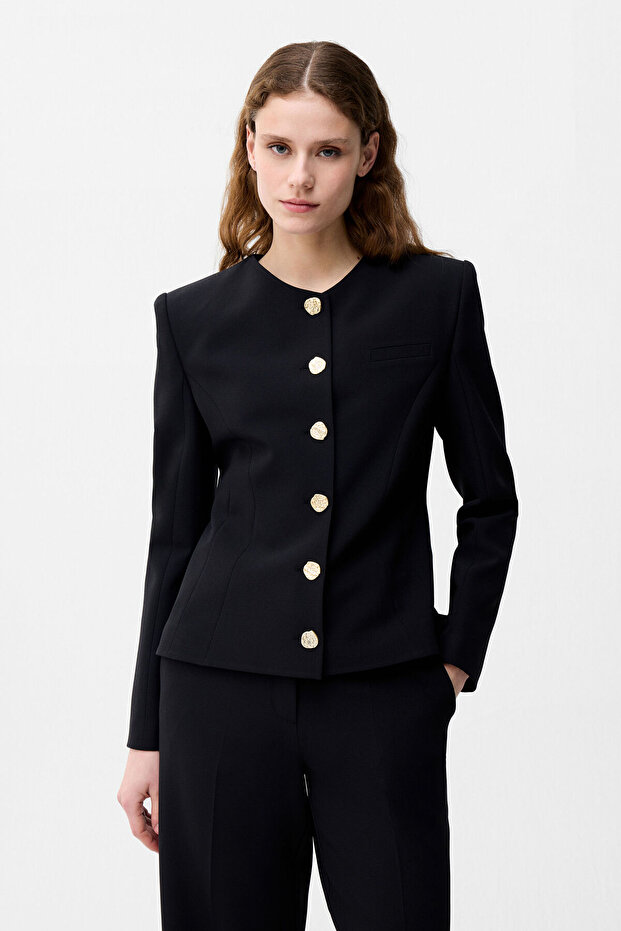 Black Round Neck Jacket - 4