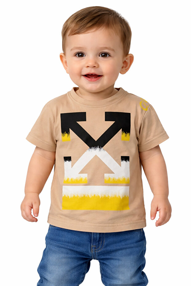 Boy's X Patterned Beige Color Short Sleeve T-Shirt