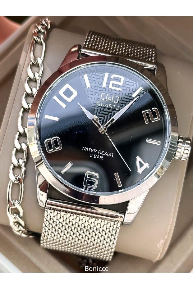 Men's Wristwatch, in Stylish Box, Suitable for Pool and Sea, Silver Color Steel Mesh Band, Black Dial, Bracelet