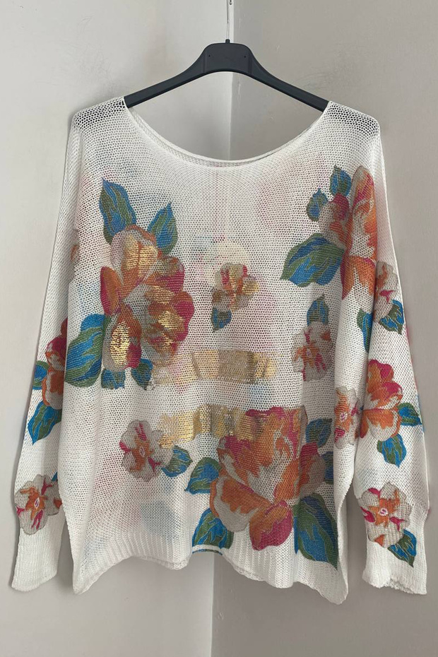 Women's Italian White Foil Patterned Bat Sleeve Mercerized Blouse Sweater