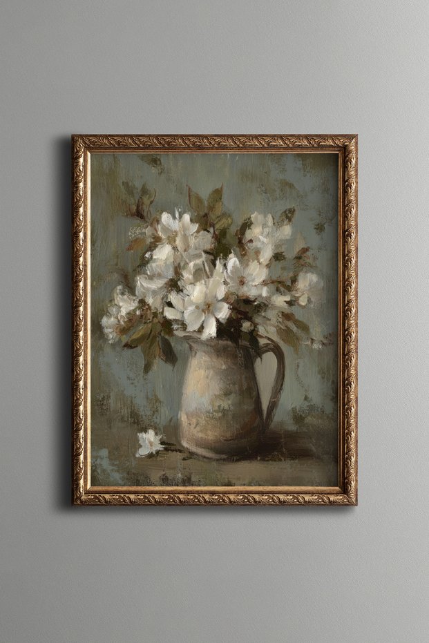 White Floral Composition – Vintage Patterned Frame – Slim Model
