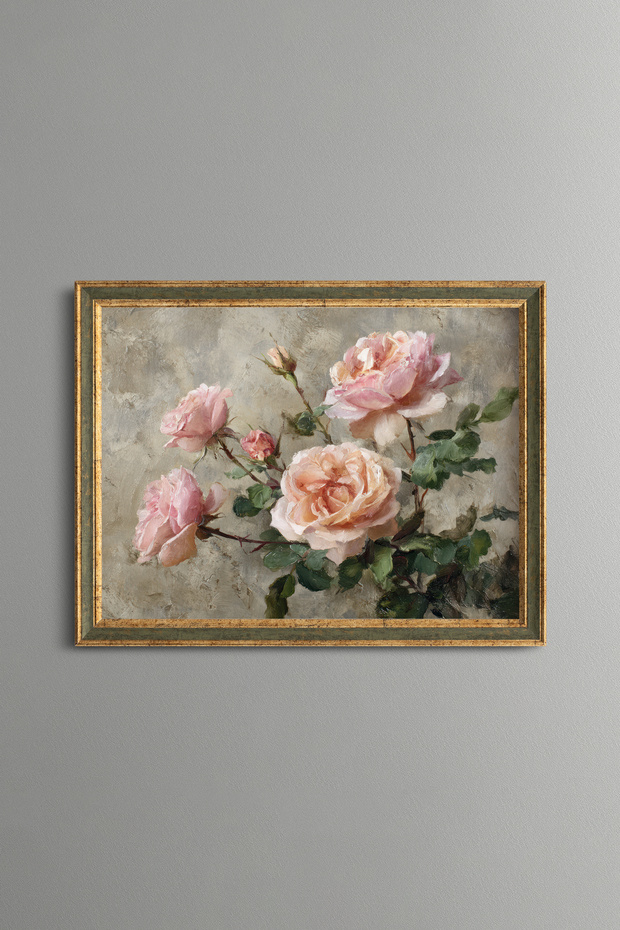 Pink Rose Composition - Vintage Patterned Frame - Slim Model