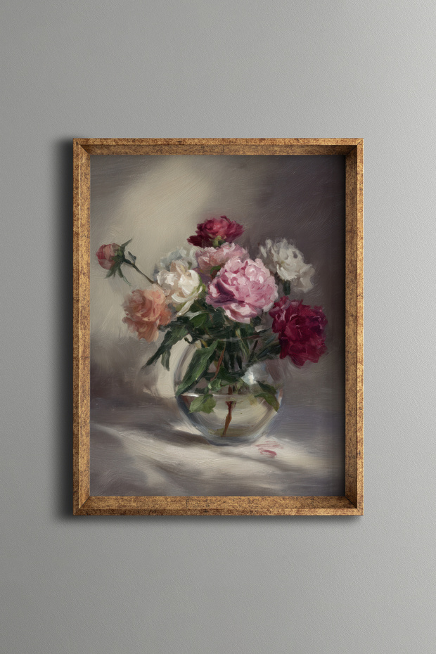 Colorful Roses in Glass Vase – Vintage Patterned Frame – Slim Model