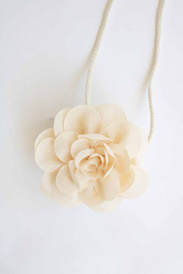 Cream Linen Floral Girl's Straw Bag