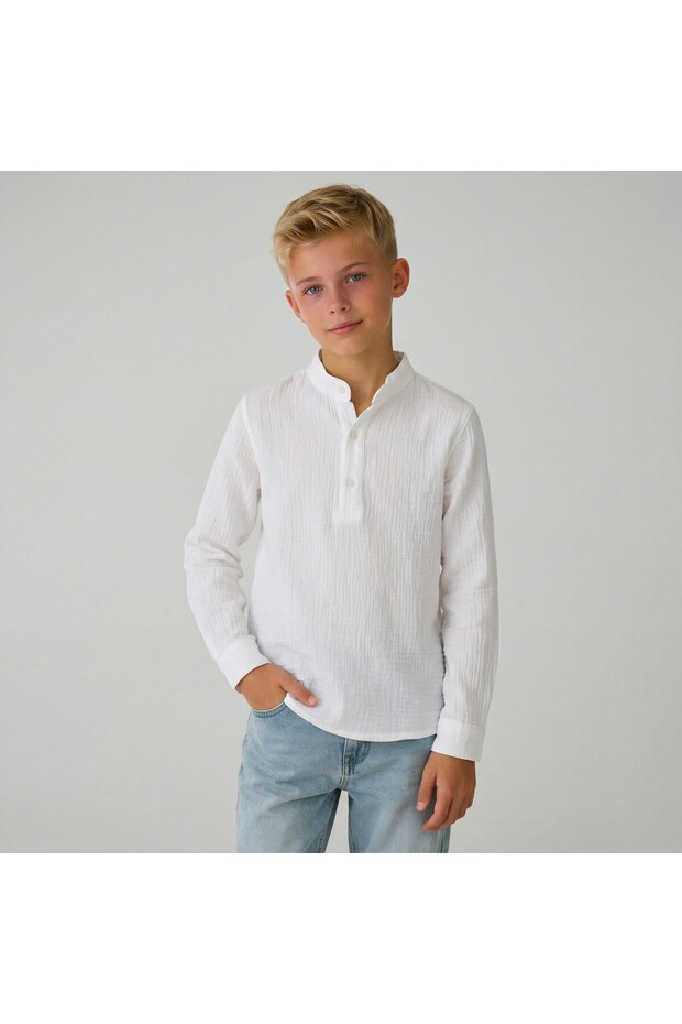 Boy's White Muslin Shirt (Half Button) 100% Cotton Stand Collar Summer Comfortable Shirt