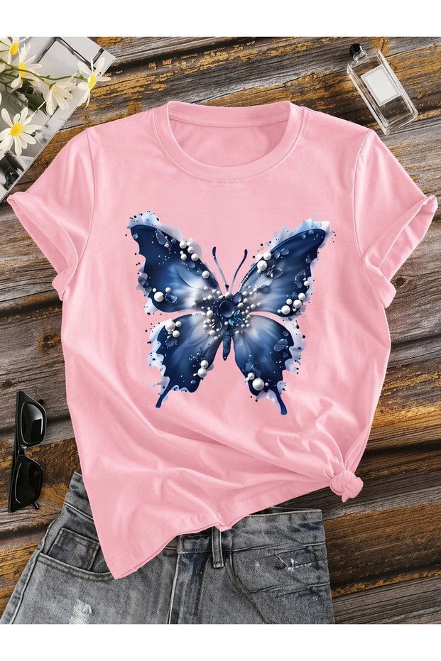 Blue Butterfly Printed Oversize T-Shirt