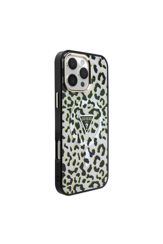 iPhone 16 Pro Max Case Licensed M-Safeli Triangle Logo Glittery Leopard Pattern Cover Black