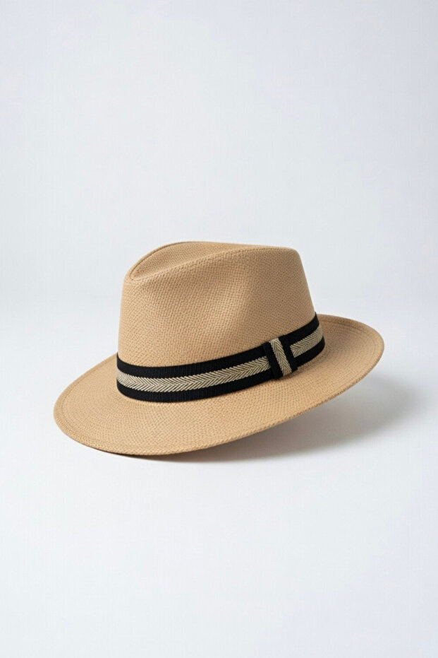 Men's Camel Panama Summer Classic Hat - Black Striped Straw Model Suitable for Daily and Beach Use