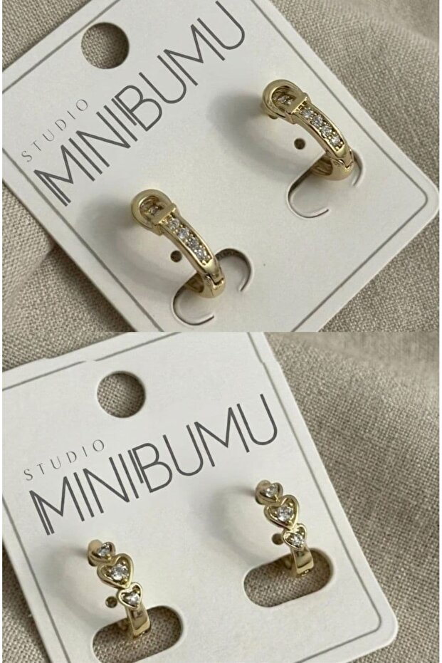 2-pair heart & stone stainless steel gold-tone earring set