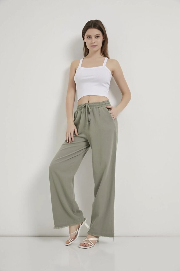 Wide Leg Gabardine Trousers with Tassels
