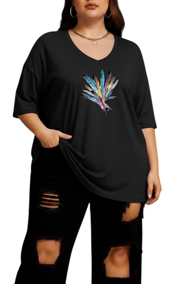 Colorful Feather Printed V-Neck Plus Size Oversize T-Shirt 2Cz5