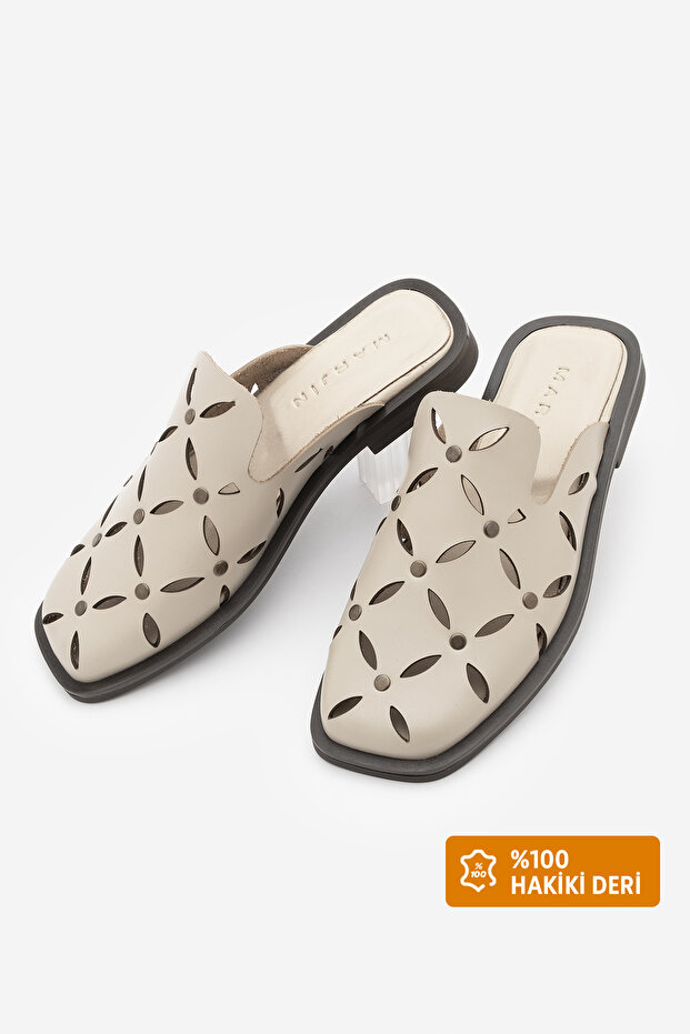 Women's Genuine Leather Closed-Front Studded Blunt Toe Sabo Daily Slippers Tavire Ecru
