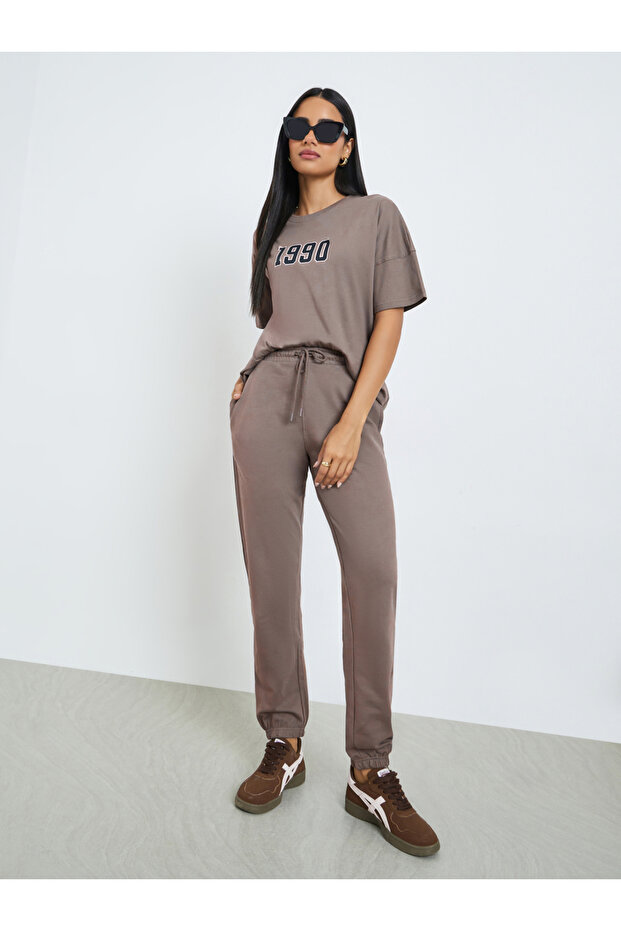Brown Printed Longline T-Shirt and Cuffed Joggers Co-Ords