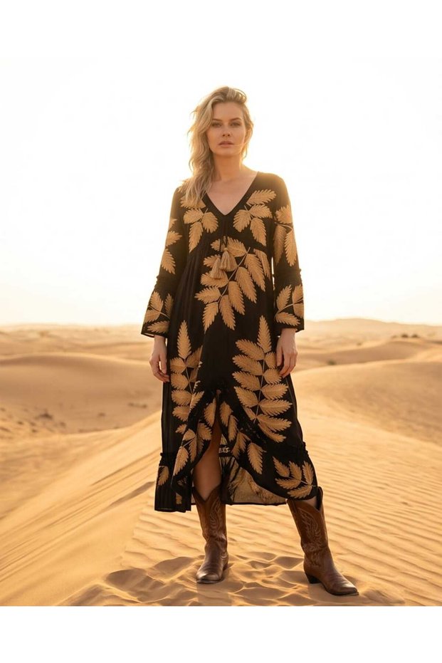 Women's Timeless Gold Leaf Embroidered Black Bohemian Dress – V-Neck Tassel Detailed Authentic Dress