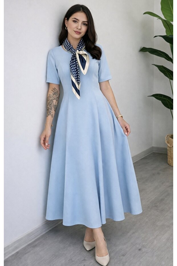 Rochie lungă cu mâneci scurte și eșarfă - 2