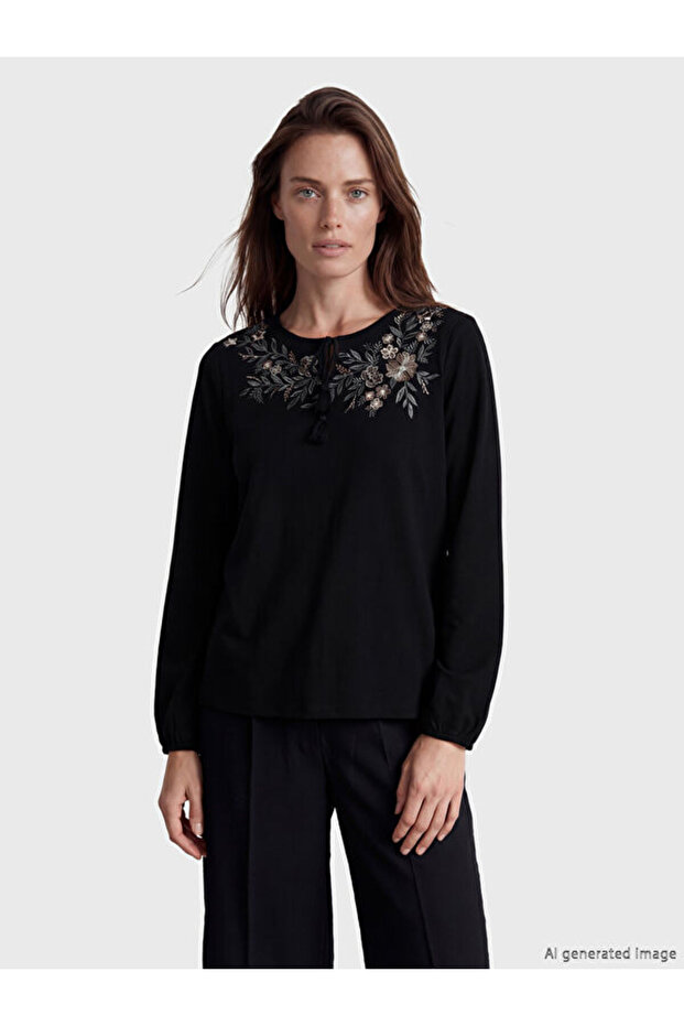 Tie-Neck Floral Embroidered Blouse