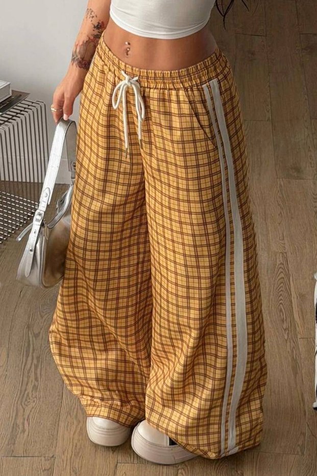 Prep Yellow Striped Stripe Detailed Plaid Pattern Printed Loose Fit Elastic Waist Lace-Up Sweatpants