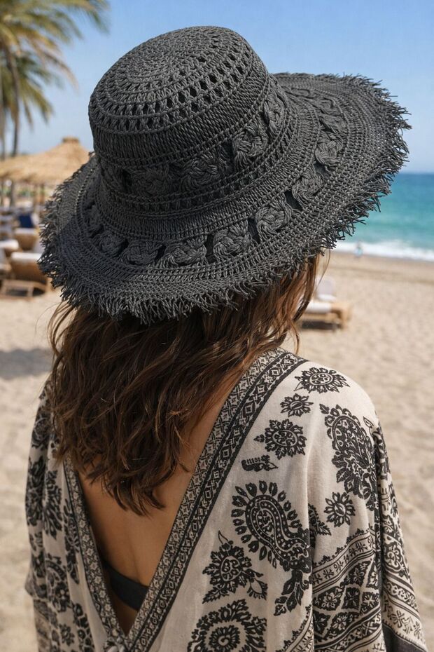 Black Round Straw Women's Hat with Tassels on the Edges