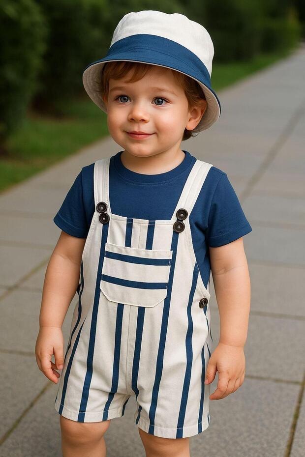 Baby Boy Hat, Snap Fastener on Shoulder, Striped Salopet, Short Sleeves, 3-Piece Set