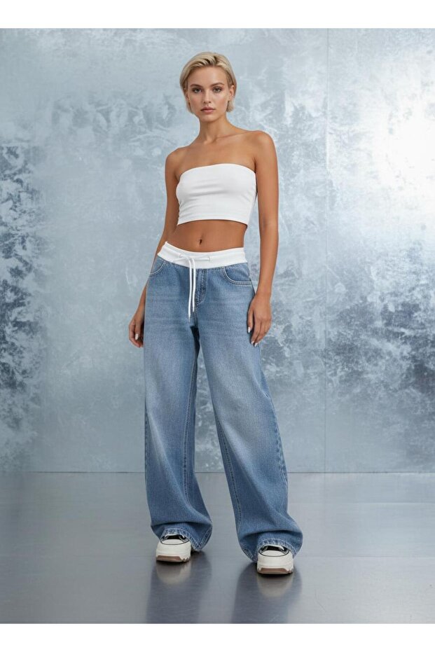 Snow Blue Elastic Waist Lace-Up Jeans Denim Loose Jean Palazzo Comfortable Fit Lycra-Free Trousers