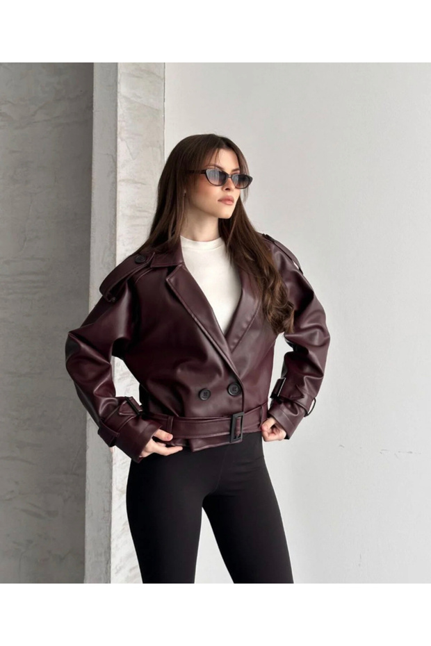 New Season Trendy Leather Jacket with Buttons and Belt
