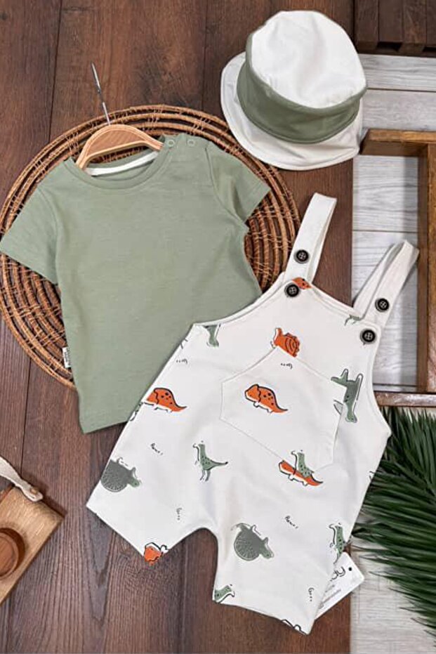 Baby Boy Short Sleeve Snap-On Shoulder Dinosaur Printed Summer Salopet Set with Badi Hat