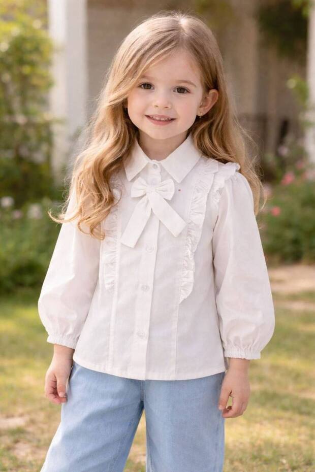 Girls' White Shirt with Ruffled Bow – Stylish Collar Detail Long Sleeve Girls' Shirt