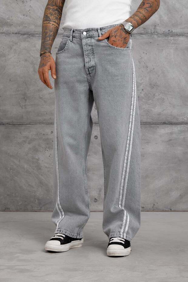 Men's Jean Trousers Striped Detail Gray Baggy