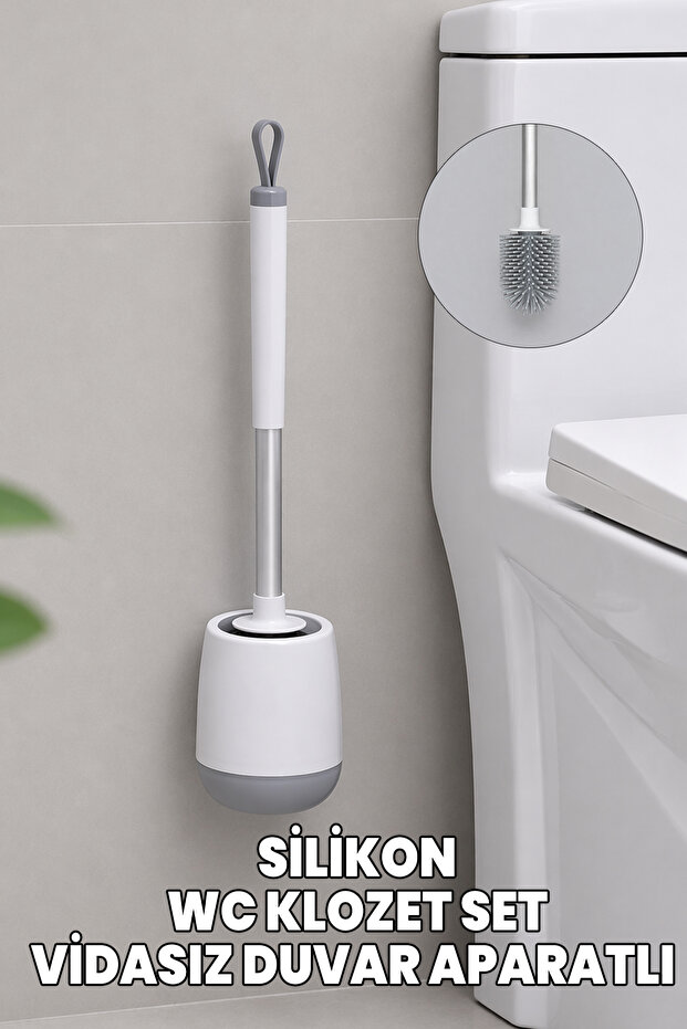 White Silicone Toilet Bowl and Wc Brush - Stainless Aluminum Handle - Strong Adhesive for Wall Mounting Without Screws
