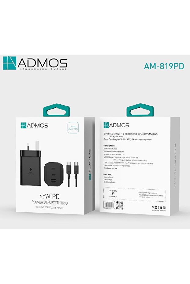 محول طاقة AM-819PD بقوة 65 واط مع تقنية PD ثلاثي المنافذ