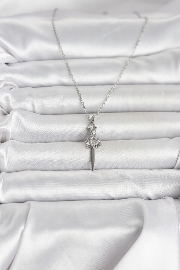 Sword Style Women's Necklace with Silver Steel Chain for Elegant Necks