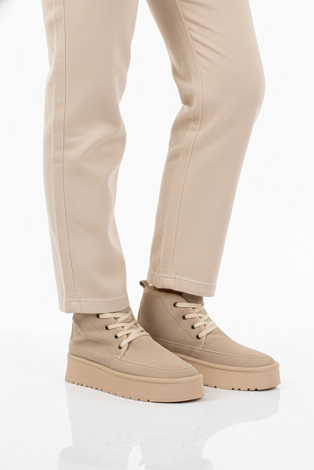 Beige Fur Laced Women's Flat Boots