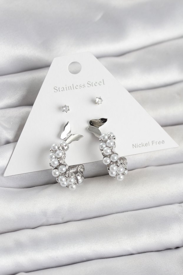 Silver Brass Butterfly Women's Earring Set for Elegant Ears
