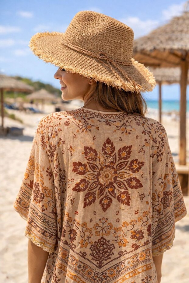 Camel Rope Detailed Fedora Straw Women's Hat