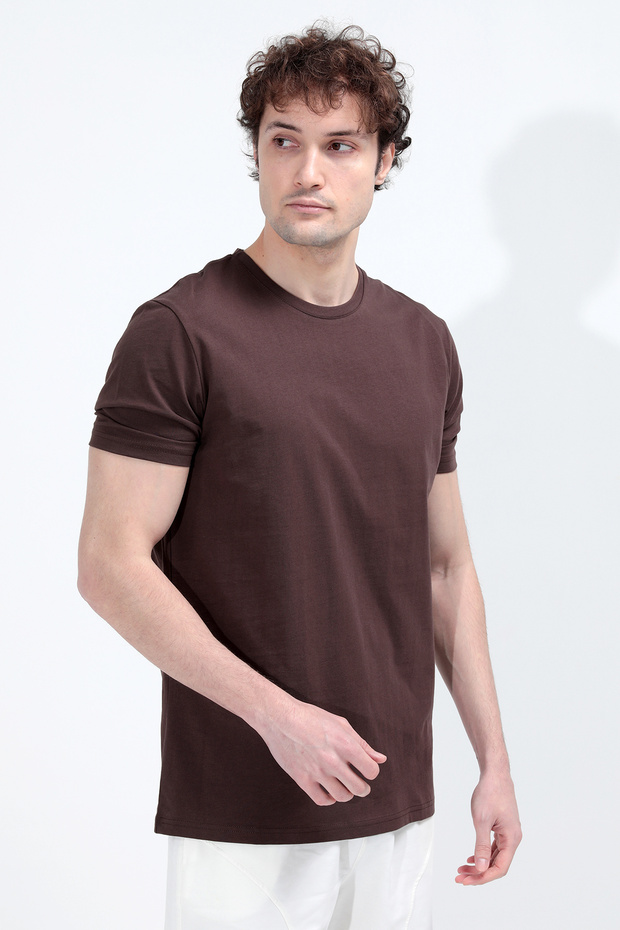 Men's Crew Neck Ornamental Label 100% Cotton T-Shirt Brown - 26Y 2020