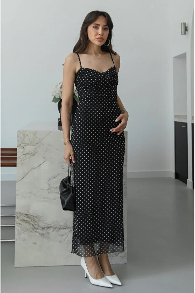Black Polka Dot Strap Tulle Dress - 5091