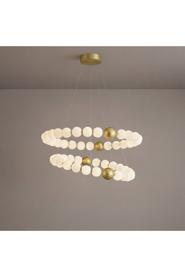 Natalia Modern Pearl Natalia LED Chandelier – Luxury Double-Ring Pendant Light, Gold & Frosted Glass Globe Ceiling Fixture,