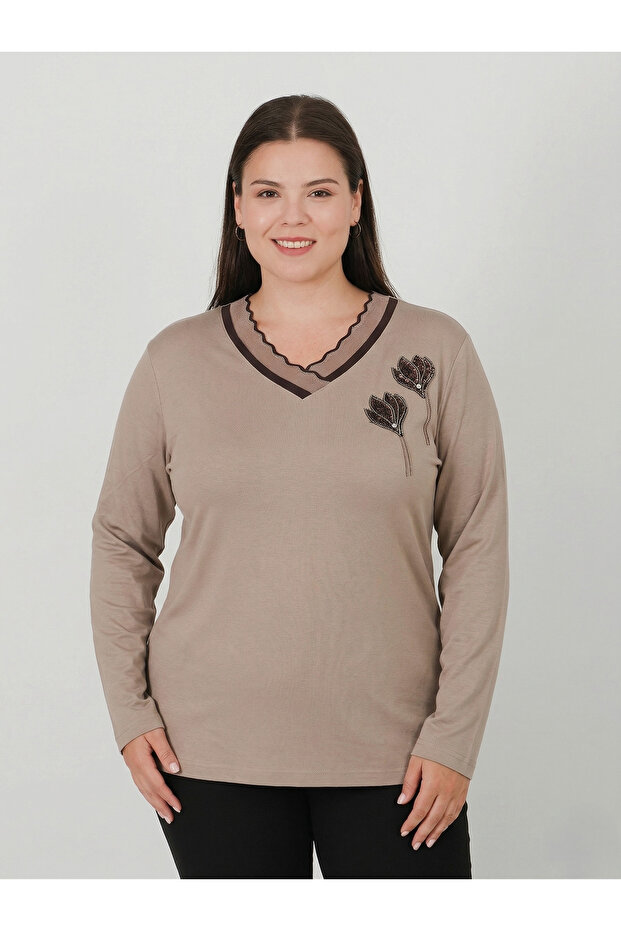 High Quality Turlu Combed Cotton Blouse Flexible 4 Seasons V-Neck 812