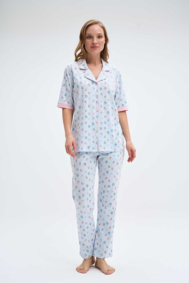 Women's blue floral print pajama bottom