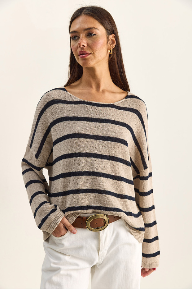 Women's Beige Navy Blue Striped Boat Neck Off Shoulder Relaxed Cut Slim Knitwear Sweater Tk261043 60286173