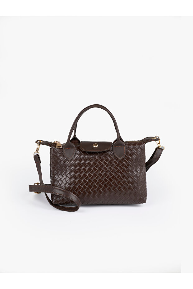 Knitted Textured Brown Shk135 Faux Leather, Single Compartment, Double Strap Hand, Arm and Cross Shoulder Bag