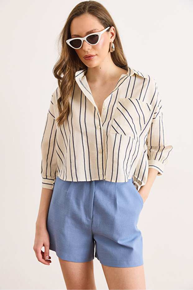 Women's Beige Navy Blue Single Pocket Striped Front Short Back Long Crop Shirt Gml-19001377