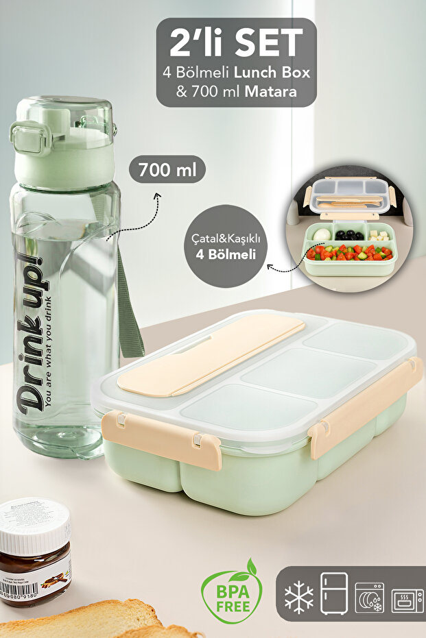 4 Compartment Lunch Box & 700 ml Water Bottle Set - Food Container with Fork and Spoon and Water Bottle with Carrying Handle Green