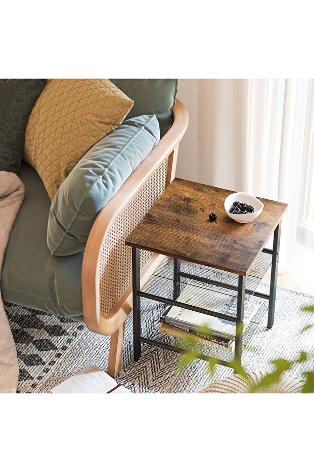Side Table, Nightstand, End Table with 2 Adjustable Mesh Shelves, Easy Assembly, Industrial
